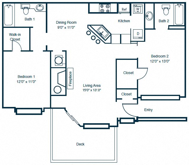 Floor plan for 2 beds, 2 baths, 1150 sqft